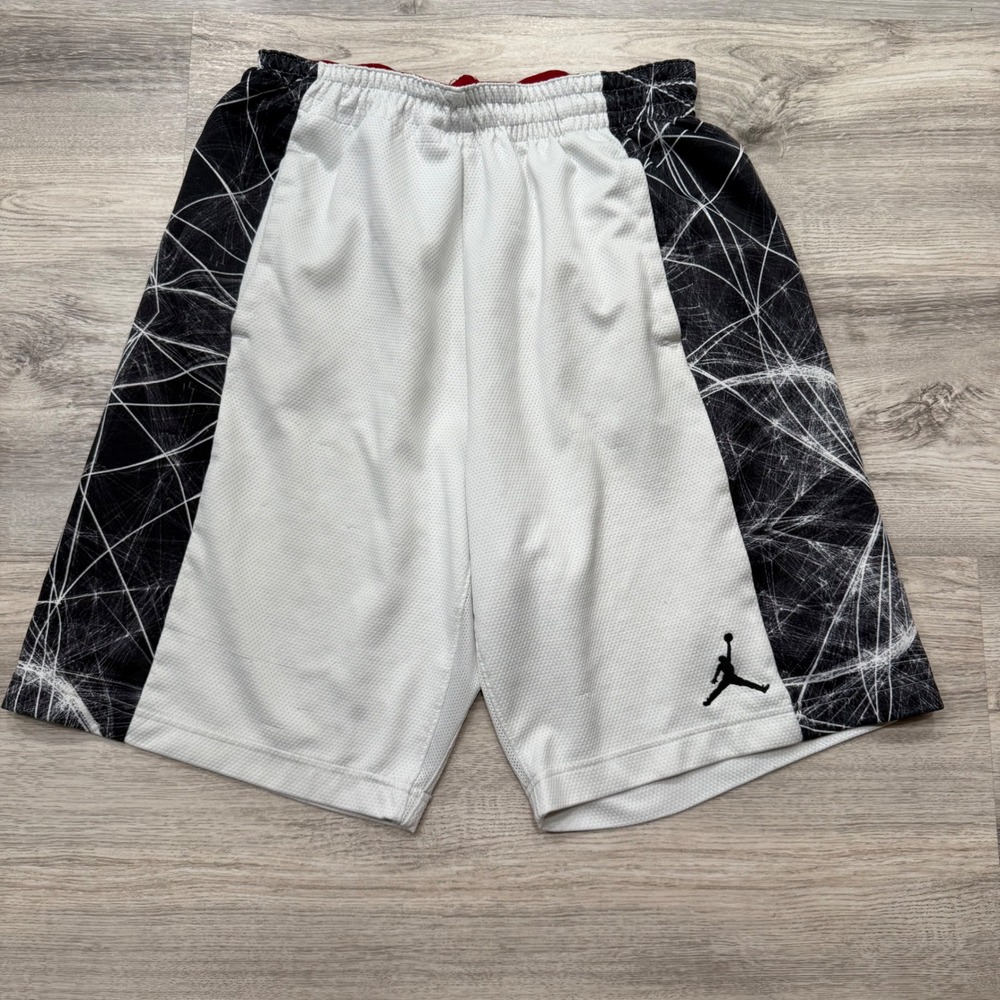 Jordan Mens Dri-FIT Basketball Shorts White Black Spider Web Pattern Medium